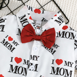 Conjunto Casual de Verano de Dos Piezas para Niños, Camiseta de Manga Corta con Estampado 'I Love My MOM' y Lazo Decorativo, Ropa para Bebés - Product Image 3