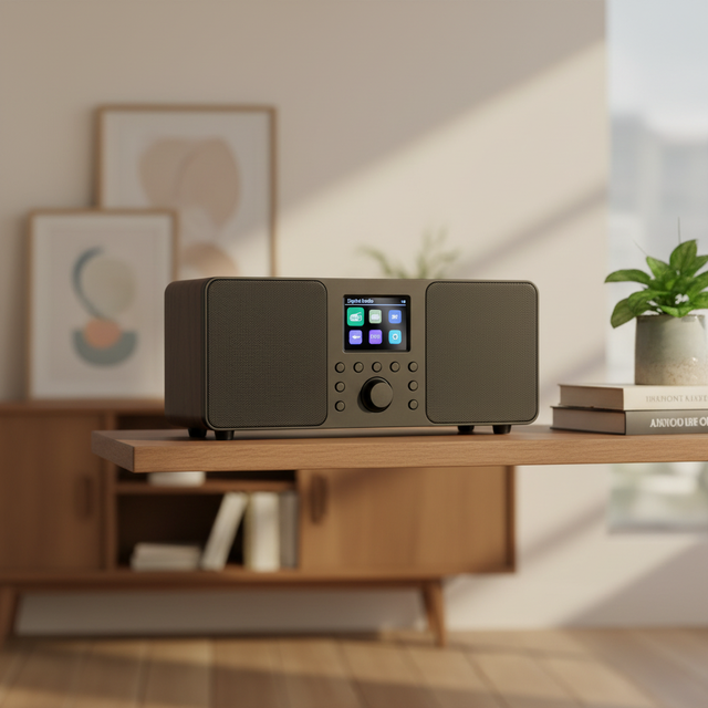Audizio Genua DAB+ Radio for 5.0 Plastic Walnut 2.8" Color Screen Two Speakers Headphone Output USB Port Remote Control
