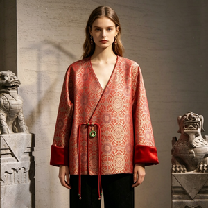 Nouvelle veste ample et polyvalente en soie de mûrier brodée, style chinois, col en V, manches longues, avec pompons rouges 9839 - Product Image 1