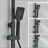 Ensemble de douche moderne noir mat en laiton avec mitigeur rotatif à 4 sorties, douchette pluie carrée et barre coulissante réglable en hauteur