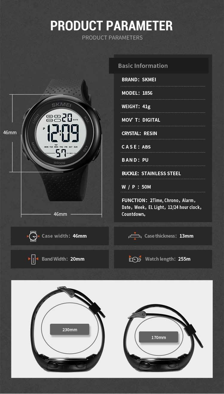 Skmei 1856 оптовая продажа черные цифровые часы для мальчиков оригинальный силиконовый ремешок водонепроницаемые многофункциональные Простые Спортивные Наручные Часы