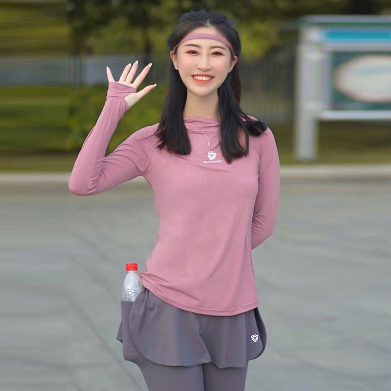 Women's Sports Long-Sleeved Hooded T-Shirt for Spring Autumn Quick-Drying Breathable Active Top for Running Yoga Thin Fleece Top