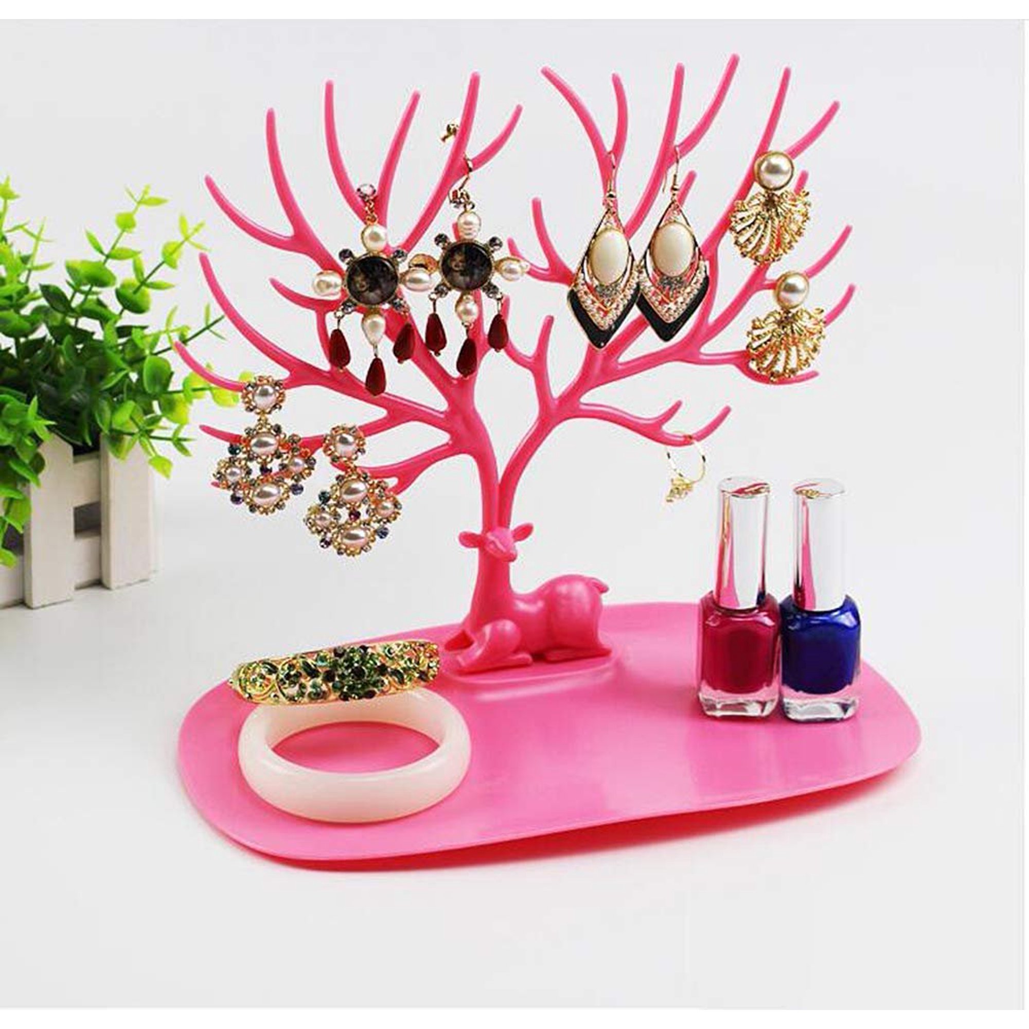 Multifunctional Cute Deer Tree Stand Tray Display Organizer Pink Plastic Stand Necklace Ring Earring Holder Show Rack