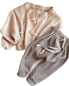 Ensemble décontracté à manches longues pour enfant, 2 pièces, haut surdimensionné avec cordon de serrage, <span class=keywords><strong>tenue</strong></span> avec nervures, printemps-automne - Product Image 1