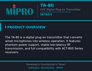 MIPRO Exclusive Phantom Power Plug on Transmitter Acting As Wired To <b>Wireless</b> Converter With Low Latency Digital Audio - Product Image 5