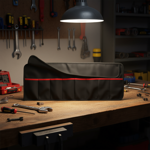 Sac à outils 8 compartiments noir avec garniture rouge, rangement enroulable pour outils - Product Image 2