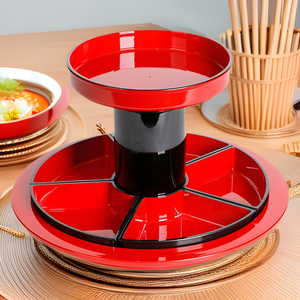 Bandeja Redonda de Dos Niveles Estilo Japonés, Color Rojo y Negro, con Soporte, para Frutas, Sashimi, Postres, Platos para Fiestas - Product Image 1