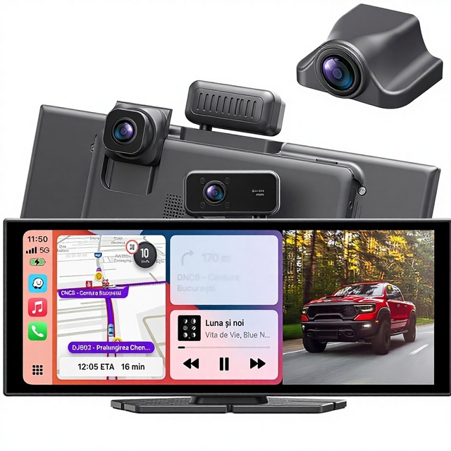 Portable Wireless CarPlay Screen 11.5" IPS Touch Screen Car Stereo Android Auto 4K Front/Rear Dash Cam 1080P