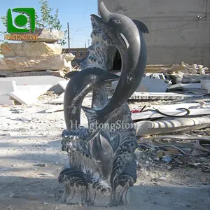 Decoratieve Stenen Dier Standbeeld Zwart Marmer Dolfijn Sculptuur Met Voetstuk