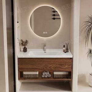 Meuble de salle de bain mural en bois massif avec vasque intégrée en céramique composite et miroir multifonctionnel - Product Image 5