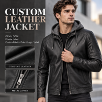 Veste pour homme en cuir avec capuche, cordon de serrage, fermeture éclair métallique, poches latérales, coupe ajustée, style streetwear décontracté, marque privée