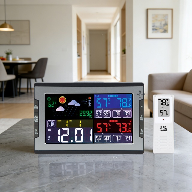 Smart Wireless Digital Weather Station Clock with HI/LO Temp Humidity Alert Alarm Snooze RF Signal Sensor Atmospheric Pressure
