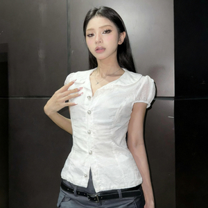 Blusa con Cuello Tejido para Mujer, Camisa Ecológica de Manga Corta con Botones de Perlas de Imitación, Top Casual Sólido - Product Image 5