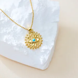 XIXI Vintage Round Coin Chain Women Sunflower Charm Cubic Stainless Steel 18K Gold Plated Eyes Pendant Fashion Jewelry Necklaces