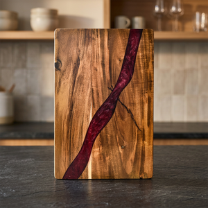 Planche à découper en bois d'acacia massif et résine époxy, artisanale de qualité supérieure, rouge profond, plateau de service pour charcuterie, fabricant direct - Product Image 3