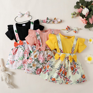 Vêtements pour enfants, petite/grande <span class=keywords><strong>sœur</strong></span>, barboteuse à manches courtes bouffantes, robe imprimée de fleurs, ensemble avec bandeau à nœud - Product Image 1