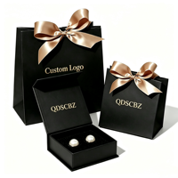 Maßgefertigte Schwarze Kunstpapier Wasserdichte Starre Schmuck-Geschenkboxen mit Schleifenknoten und Goldfolien-Logo für Ringe, Ohrringe und Anderen Schmuck