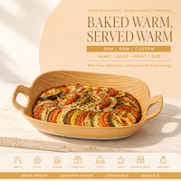 Assiette de service durable en mélamine à double poignée, motif bois, résistante aux chocs, pour plats principaux de fête, fabrication OEM/ODM sur mesure