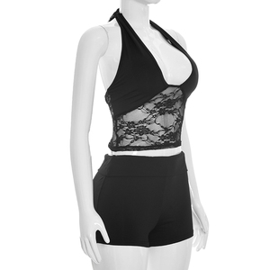 Viviblook J26ST192 Conjunto de verano para mujer, conjunto sexy sin mangas con cuello halter y encaje transparente, pantalones cortos de cintura alta, conjunto de 2 piezas - Product Image 5