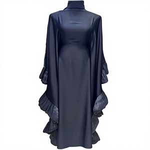 Elegant Navy Blue Silk <b>Abaya</b> With Stand Collar Long Sleeve Asymmetrical Hem Modest Floor Length For Prayer Middle East Style - Product Image 1