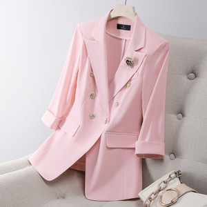 White Women's Suit Set Three Quarter Sleeve Satin Blazer And Skirt Elegant Professional Workwear Summer Style - Product Image 3