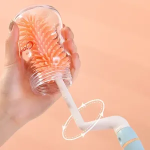 Brosse à biberon en silicone pour bébé avec long manche, poils doux écologiques, nettoyage rotatif à 360 degrés et support de séchage inclus - Product Image 6