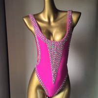 Maillot de bain OEM Carnival Swimsuit Monday Wear, monokini personnalisé rose fluo avec strass, col en U, body découpé, tenue pour festival caribéen et fiesta