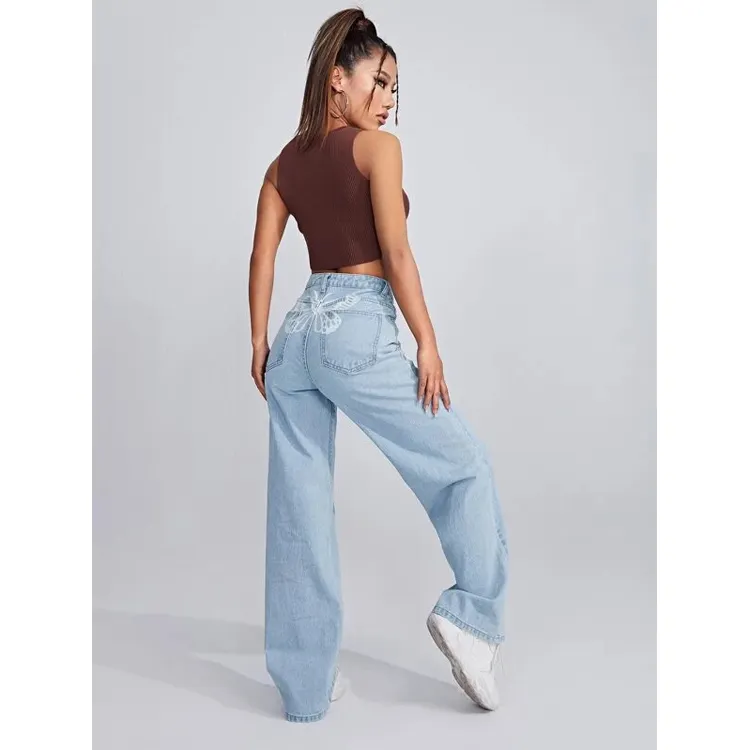 Jeans Wanita High Street Hip, Celana Jins Kasual Lurus Longgar Bercetak Kupu-kupu Serbaguna, Menunjukkan Kaki Tipis dan Lebar