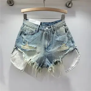 Bomblook C412PT Cotton Ripped Solid Straight Streetwear casual denim jeans women's dIstressed shorts women's jeans 2024