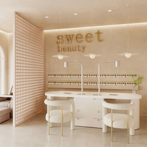 Meja Manikur <span class=keywords><strong>Salon</strong></span> Mewah Ekonomis Berbahan Besi dengan Permukaan Marmer, Dapat Disesuaikan Warna dan Cahayanya - Product Image 1