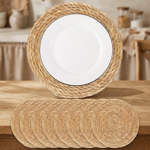 Hyacinth Boho Woven Rattan Brown <b>Placemats</b> Natural Farmhouse Weave Rustic <b>Wicker</b> Set of 8 13.5 Inch - Product Image 3