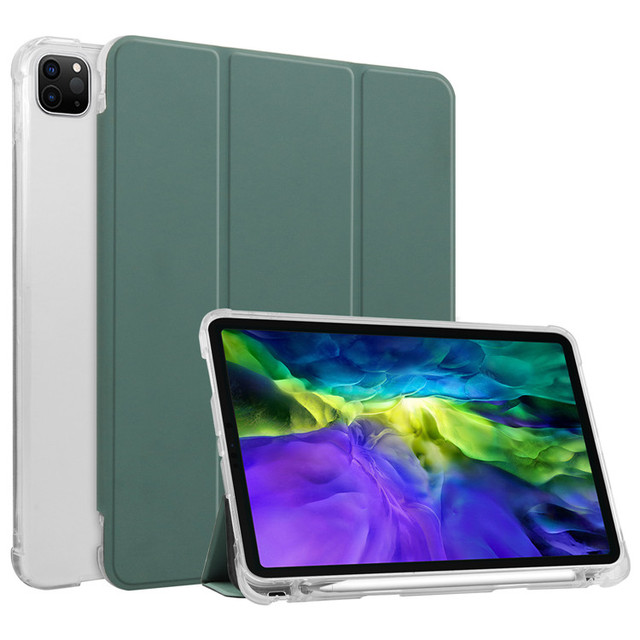 Clear Soft Tpu Back Tablet Case with Pen Slot Multi Angle Ultra Slim Tri-fold PU Flip Pu Leather Tablet Case for iPad