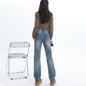 Nuevos pantalones calientes para <span class=keywords><strong>mujer</strong></span> para Otoño Invierno American Retro cintura alta versión estrecha recto forro polar grueso Casual Denim - Product Image 4