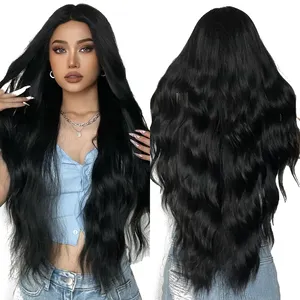 Large Inventory Long Curly Wavy Hair Wigs Fashion Gradient Butterfly Haircut Wigs Middle Part Black Synthetic Fiber Hair Wigs