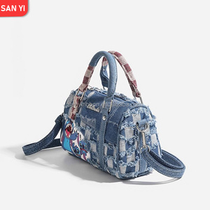 New Cute Cartoon Stitch Patchwork Denim Lace Checkerboard Shoulder <strong>Bag</strong> Handbag for Women - Product Image 2