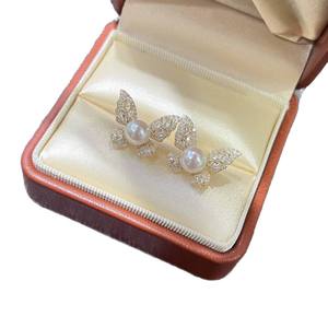 Boucles d'oreilles papillon en perles Akoya, 7-8mm, rondes, en argent 925, avec accents de cristal, bijoux de mariage pour femmes - Product Image 5