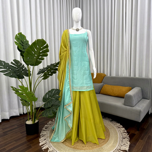 Women's Embroidered Suit Set Spaghetti Strap Top Palazzo <b>Pants</b> Dupatta <b>Sequin</b> Thread Work Party Wear - Product Image 1