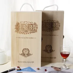 2 Bottles Wooden Wine Gift Box With Slid Lid and Jute Handle Wine Box