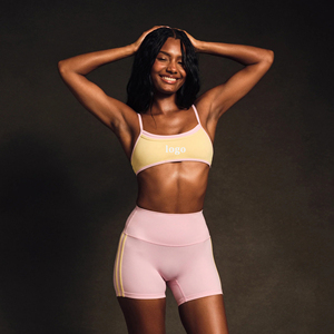 Soutien-gorge de sport pour femme à double couche, avec bordure color block, bretelles spaghetti, col rond, sans couture, maintien moyen, respirant, idéal pour le yoga - Product Image 3