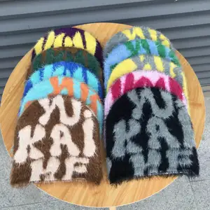 Venda quente Fabricação Esporte Inverno Unisex Malha Caps Em Todo O Jacquard Personalizado Mohair Beanie Hat com Logotipo