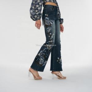 Nueva Llegada, Jeans de Cintura Baja para Mujer, Diseño Personalizado, Peso Medio, Bordado Floral, Dobladillo Acampanado, Jeans de Mezclilla - Product Image 2