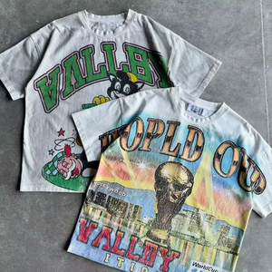 Özel Tasarım Rhinestone İşlemeli Vintage Asit Yıkama Tişört Yuvarlak Yaka Ağır Kumaş 300 GSM Pamuklu Dtg Baskılı Bol Kesim Kırpılmış Grafik Tişört Erkek - Product Image 4