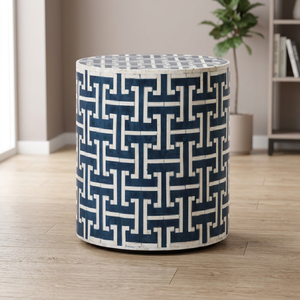 Table d'appoint moderne ronde en bois et résine avec motif géométrique bleu et blanc pour la décoration du salon, table basse pour la maison - Product Image 1