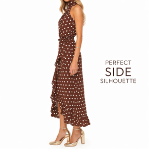 Vestido Halter Personalizado Estilo Francés Vintage con Estampado de Lunares Marrones, Vestido Retro con Volantes y Estampado de Lunares, Ropa de Fiesta para Mujer de Alta Calidad - Product Image 2