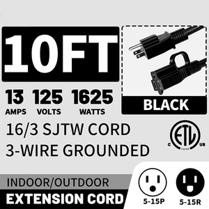 एटीएल 16/3 सूचीबद्ध किए गए एटीएल 13a 10 फीट तीन प्रांग 5-15p से 5-15r काला भारी शुल्क एक्सटेंशन कॉर्ड 10 फीट इनडोर/आउटडोर एक्सटेंशन कॉर्ड - Product Image 3