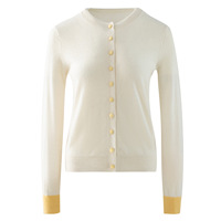 Nouvelle collection automne/hiver, cardigan à col rond en 30% cachemire et 70% laine, poignets bicolores, boutons colorés, coupe ajustée, pull tricoté