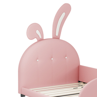 Lit plateforme moderne en forme de lapin, taille double, rembourré, écologique, durable, rose, avec tête et pied de lit (Ancien SKU)