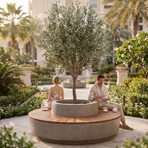 Banc rond d'extérieur avec jardinière intégrée, en béton et bois, pour espace public, jardin ou salon de jardin - Product Image 5