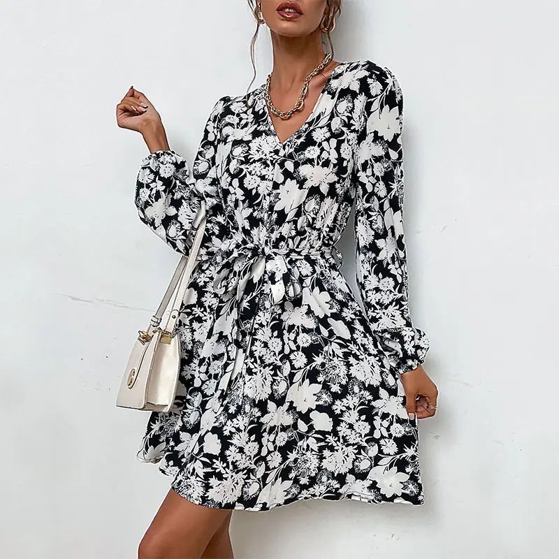 Customized black white fashion women's new summer v-neck long-sleeved printed waist lace up dress