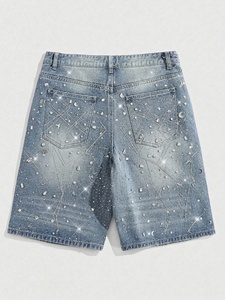 DiZNEW <span class=keywords><strong>Short</strong></span> <span class=keywords><strong>en</strong></span> jean pour homme à strass et perles, délavé clair, taille mi-haute, fabricant de <span class=keywords><strong>jeans</strong></span> de qualité supérieure - Product Image 3
